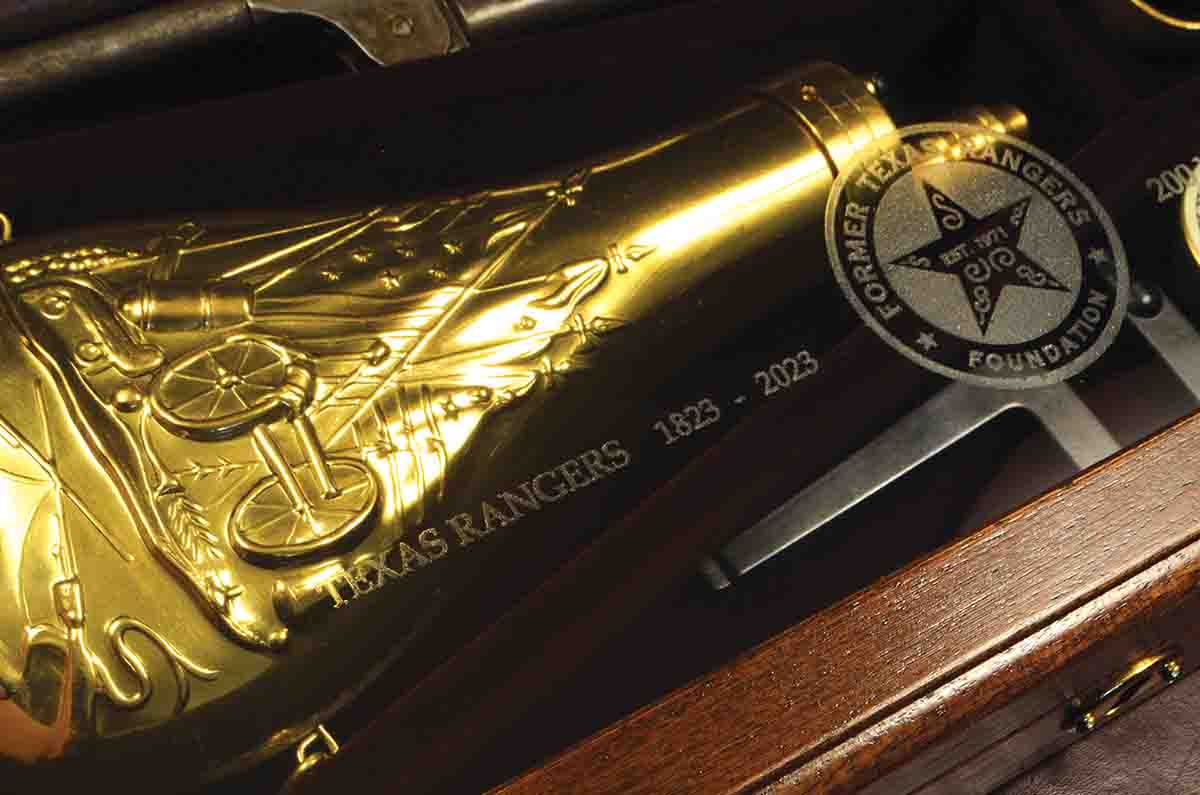 The Cimarron Arms’ presentation case is marked with the badge of the Former Texas Rangers Foundation, and commemorates “200 years of legendary law.”